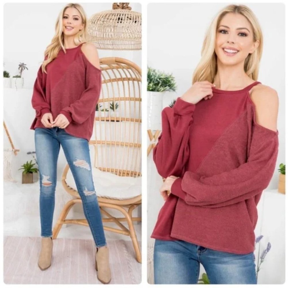 NWT Burgundy Cold Shoulder Top